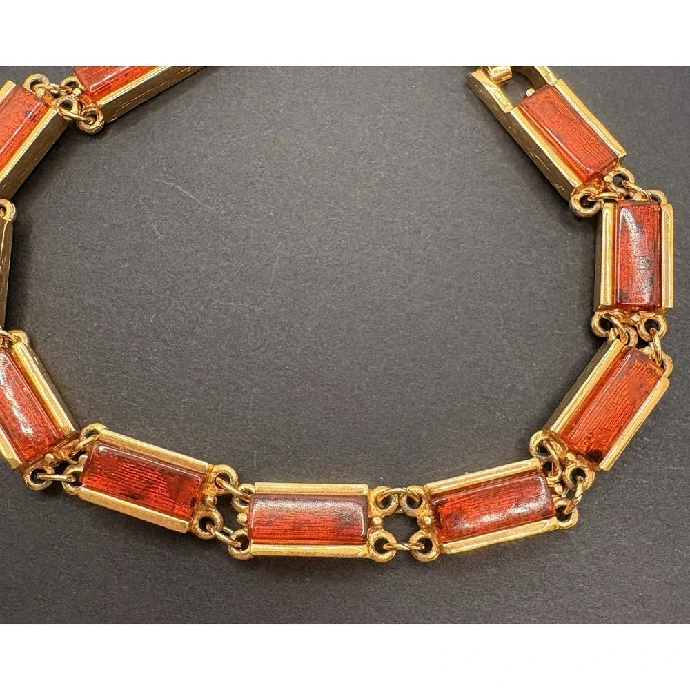 Vintage Emmons Faux Tortoise Shell Acrylic Lucite‎ Bar Gold Tone Link Bracelet